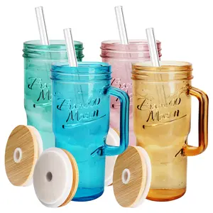 ANOTION  24oz Colored Glass Cups with Lids and Straws with Handle  -Tumbler Coffee Cups Mason Jar Coffee Bar Accessories Springtok  Bamboo Drinkware Bottles