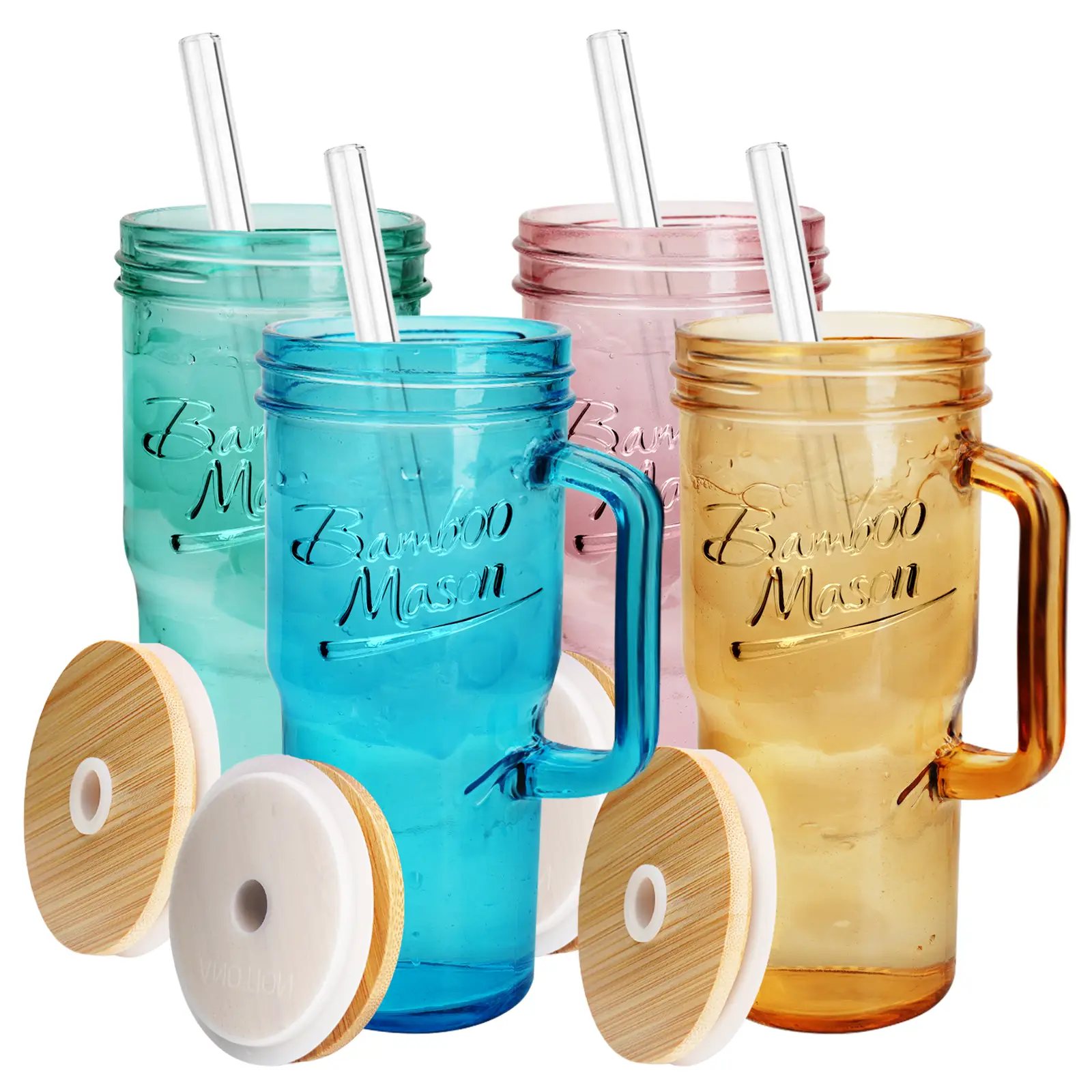 ANOTION 24oz Colored Glass Cups with Lids and Straws with Handle -Tumbler Coffee Cups Mason Jar Coffee Bar Accessories Springtok Bamboo Drinkware Bo