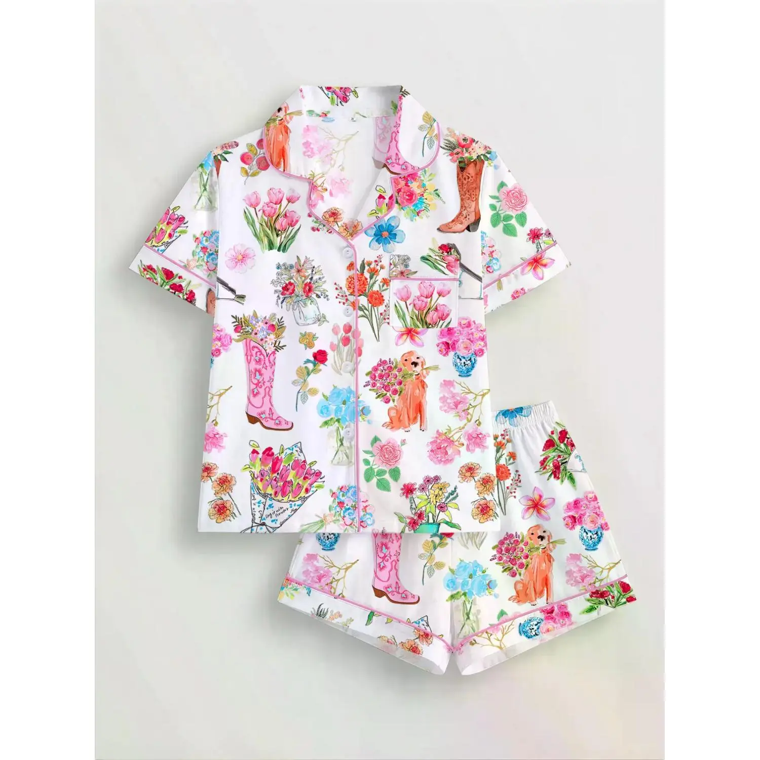 Women's Floral Print Sleepwear Set: Short Sleeve Button-Up Soft Top & Elastic Shorts - Casual All-Season Loungewear