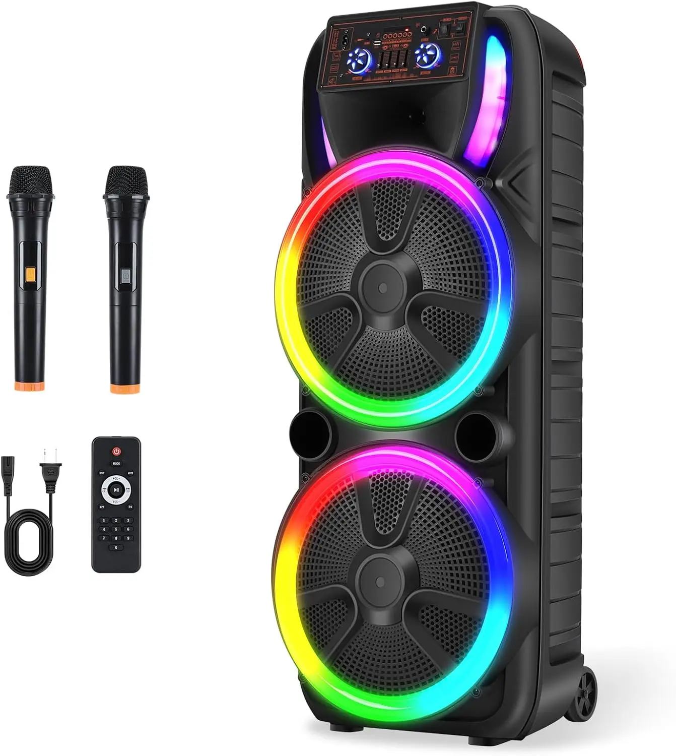 Dual 15-in Portable Bluetooth PA Loud Speaker System with 2 Wireless Microphones, Remote Control, Karaoke Machine, DJ Party Lights, TWS, FM Radio, Bass/Treble Adjustment, Audio Support, Cable, Plug, Card, MP3 Playback