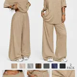 【Black Friday】Women's Casual Two-Piece Lounge Set, Oversized Asymmetrical-Neck Top and Drawstring Wide-Leg Pants, Solid-Color Relaxed-Fit Outfit for Spring and Fall