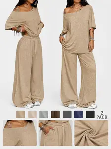 Women's Casual Solid Color Sport Two-Piece Set, Loose Long Pants & Wide Leg Slant Neck Pant Suit, Spring & Fall Fashion, Athleisure Outfit