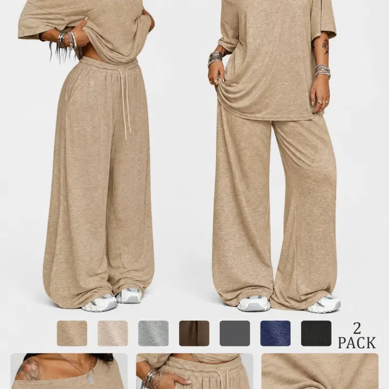 【Black Friday】Women's Casual Two-Piece Lounge Set, Oversized Asymmetrical-Neck Top and Drawstring Wide-Leg Pants, Solid-Color Relaxed-Fit Outfit for Spring and Fall