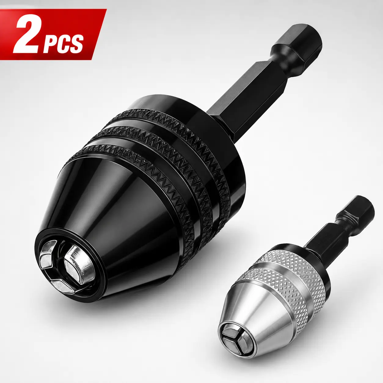 2PCS Keyless Drill Chuck Adapter Set, 1/4" Hex Shank Quick-Change Converter, Impact Driver Accessory, Round-Shank Drill Bit Holder, DIY Woodworking Power Tool Accessory