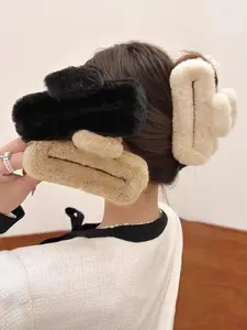 3pcs Plain Plush Large Hair Claws, Elegant Temperament Non-slip Hair Claws, Thick Hair Bun Hair Claws, Daily Casual Versatile Hair Accessories For Women And Girls, Fuzzy Hair Clip, Hairpin, Hair Clip Set