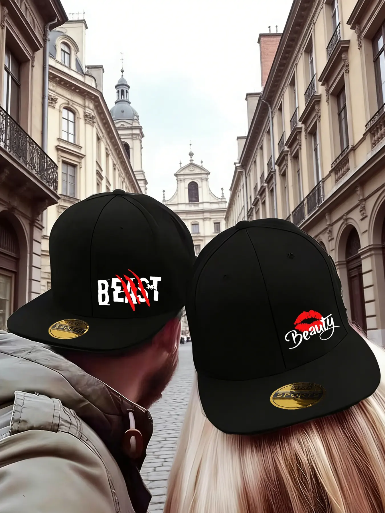 2pcs Couple Hat, Beauty and the Beast Print, Letter Printing, Caps with Designs, Hip-Hop Style, Adjustable Casual Sports Baseball Cap, Perfect for Spring & Fall, Travel, Beach, Party, High Quality Hat