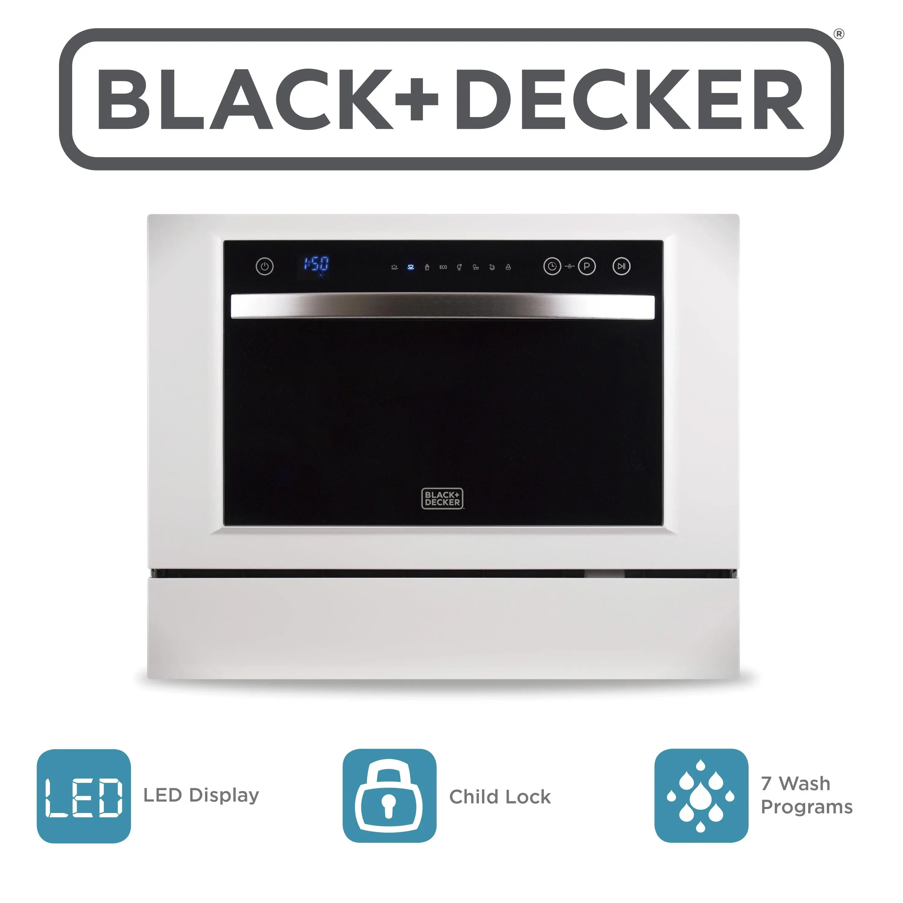 BLACK+DECKER BCD6W White Automatic Portable Countertop Dishwasher (Household Appliances), 6-Place Setting, 7 Wash Programs, 24-Hour Delayed Start, ENERGY STAR Certified, Space-Saving, Highly Efficient, Standard Faucet Compatible, LED Screen Equipped