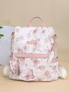 Women's Butterfly Print Backpack, Large Capacity Travel Bag with Tassel Design, Casual Fashion Shoulder Bag for Women