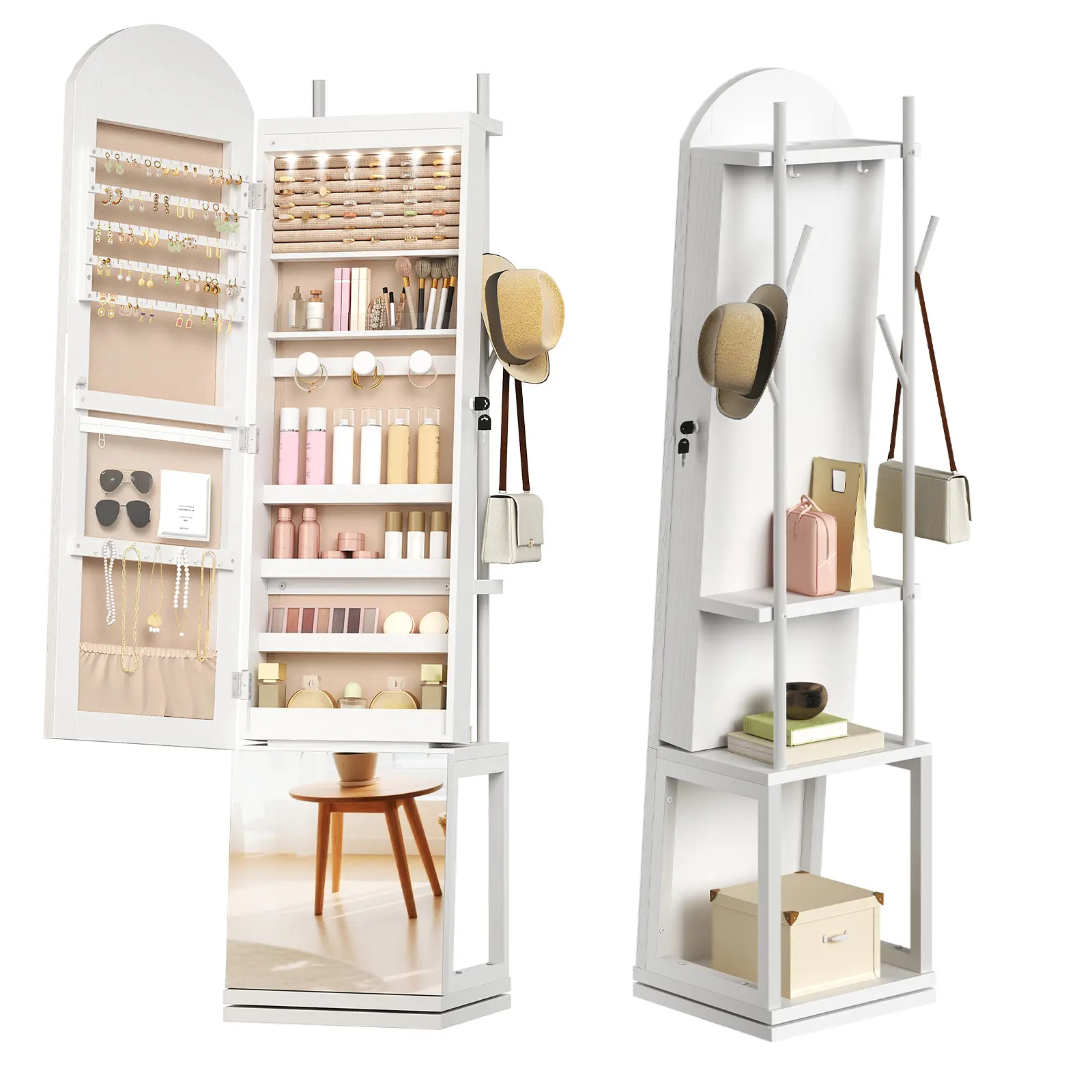 HOOBRO 360° Swivel Jewelry Cabinet with LED Lights, Standing Jewelry Organizer with Storage Shelf, Arched Full-Length Mirrored Jewelry Aromires, Lockable Jewelry Cabinet, Makeup Brush Boxes, White
