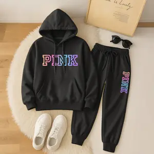 Women's Colorful PINK Print Hoodie And Drawstring Track Pants Set, Casual Sportswear, Long-Sleeved Hooded Jacket And Pants, Suitable For Autumn And Winter, Everyday Wear, Indoor And Outdoor Sportswear, Casual Sportswear SpringStatements