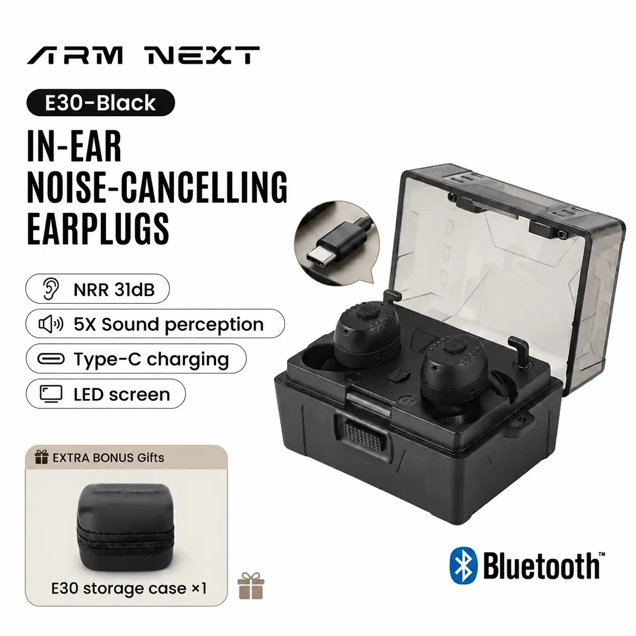 Tactical In-Ear Hearing Protection Earbuds with Digital Display, ABS Electronic Earplugs with 31dB Noise Reduction & Bluetooth Sound Amplification for Shooting, Construction & Industrial Work, Hunters, Instant, Wireless, Led Screen