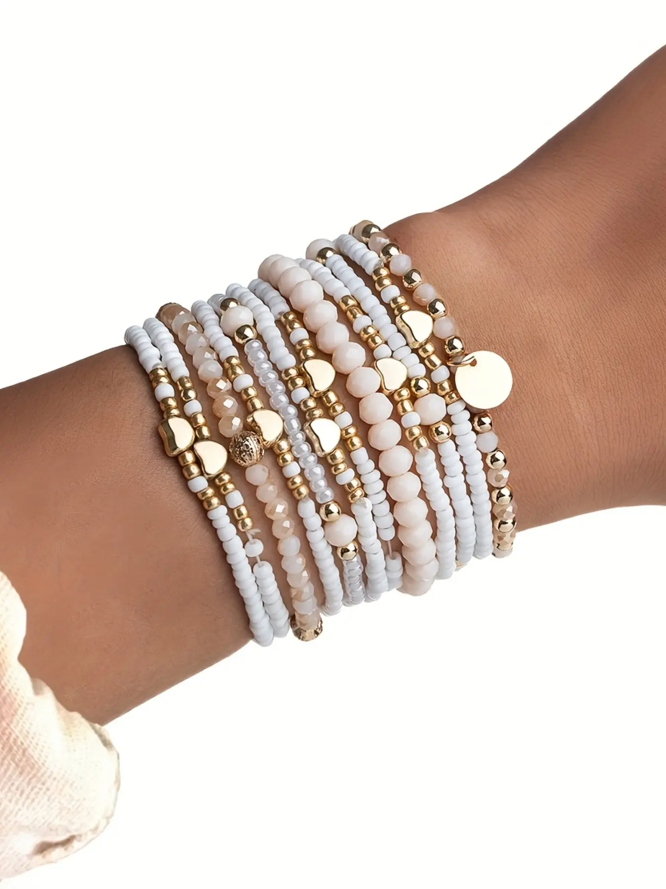 Artificial Crystal Beads Bracelet Set, Beaded Bracelet Sets, Heart & Rice Bead Mix, Layered Valentine's Day Gift Jewelry, 12-Piece Stackable Design, Crystal Beaded Bracelet, Bracelet for Couples, Heart Shaped Bracelet, Stacking Bracelet