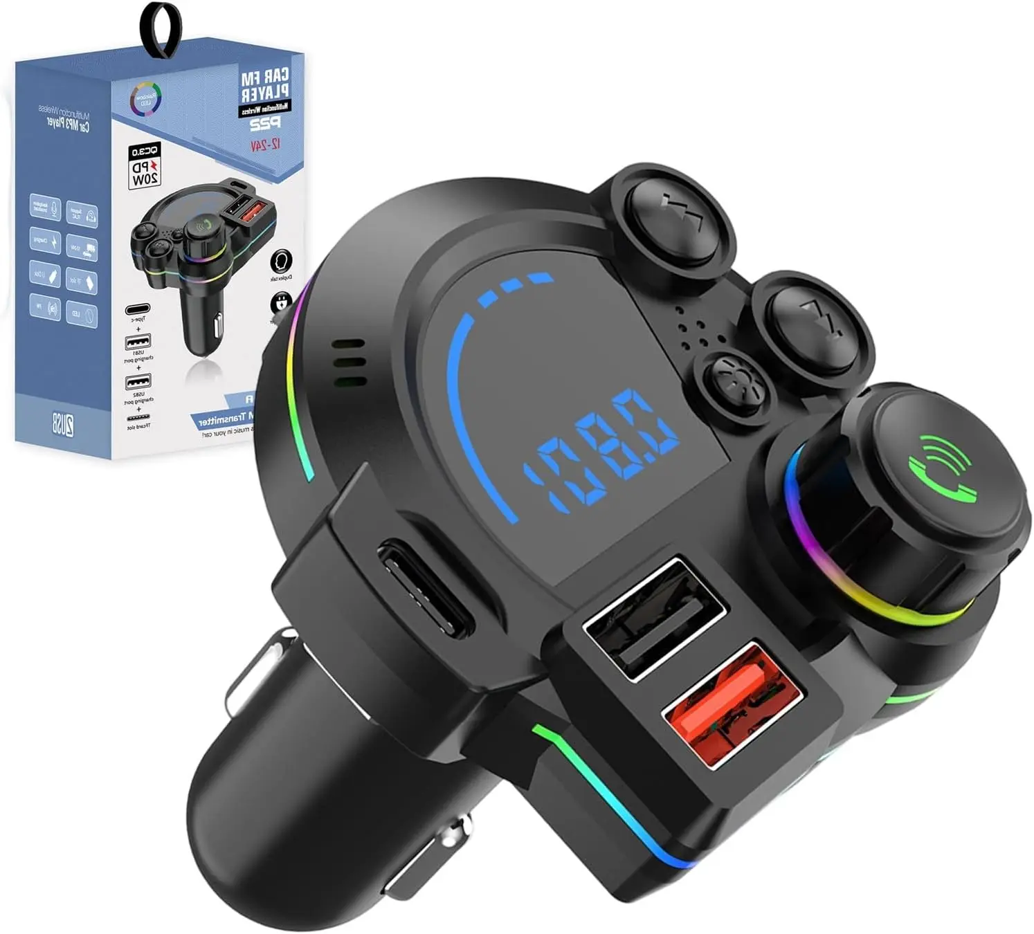 Type-C Car Charger & Bluetooth 5.3 FM Transmitter,High-Quality Wireless FM Transmitter, Dual USB Ports, RGB Colorful Radio Adapter, Delivers Superior Sound Quality and Hands-free Calling Experience, Compatible with 12V-24V Voltage