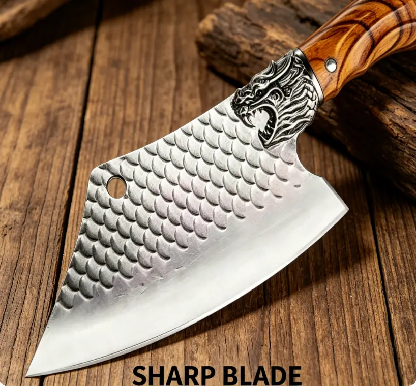 Artisan Dragon Pattern Meat Cleaver with Unique Scale Textured Blade for Kitchen Chopping & Bone Cutting, Professional High Carbon Steel Butcher Chef Knife with 3D Dragon Head Bolster & Wooden Handle, Kitchen Knife for Meat,Vegetables & Bones