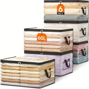 6-Pack Large Moving Bags, Transparent Durable Storage Bags with Lids, Organiser, Zipper Closure, Ideal for Clothes, Space-Saving Packaging