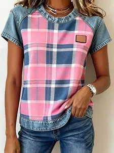 A women's fashionable and gentle casual denim patchwork contrasting short sleeved shirt with loose and slimming design, suitable for summer, home, indoor, and outdoor wear