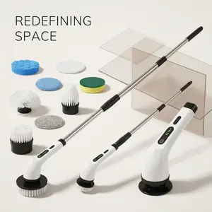 MREGB Cordless Electric Spin Scrubber Wireless Rechargeable Cleaning Brush Set Replaceable Brush Heads Adjustable Extension Handle Long Battery Multi-Surface Rotating Floor Cleaner for Bathroom Shower Tub Kitchen Tile Household