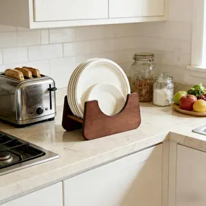 Paper Plate Dispenser Wood Foam Plate Storage Organizer for 7-10 inch Disposable Plate Paper Plate Holder for Kitchen Countertop Outdoor Use