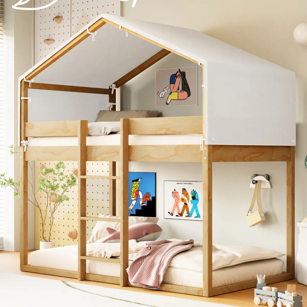[Bellemave]Twin Over Twin Wood Bunk Bed with Tent, Natural(OLD SKU:LT000708AAM)