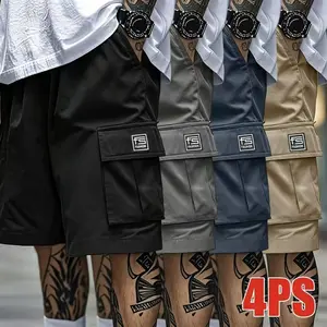 Men’s casual cargo shorts set featuring a drawstring waist, multiple pockets, patch labels, a loose fit, lightweight street style summer bottoms