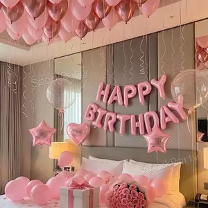 49pcs Birthday Party Balloons Set, Happy Birthday, Dreamy Princess Theme Decor, Heart & Star Foil Balloons, Romantic Atmosphere Props, Heart Shaped Balloons