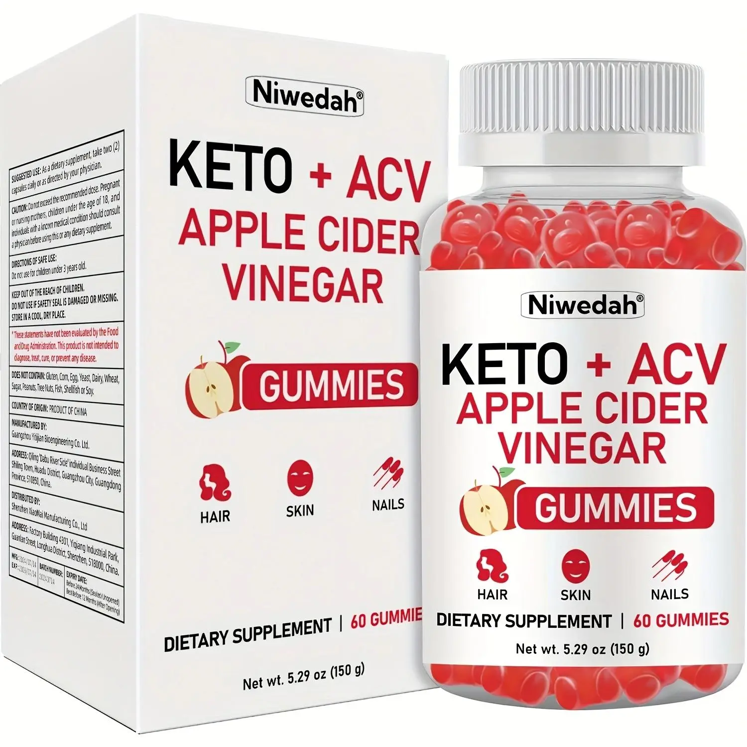 Niwedah KETO + ACV Apple Cider Vinegar Gummies for Hair, Skin & Nails - Dietary Supplement, 60 Gummies, 5.29oz (150g)