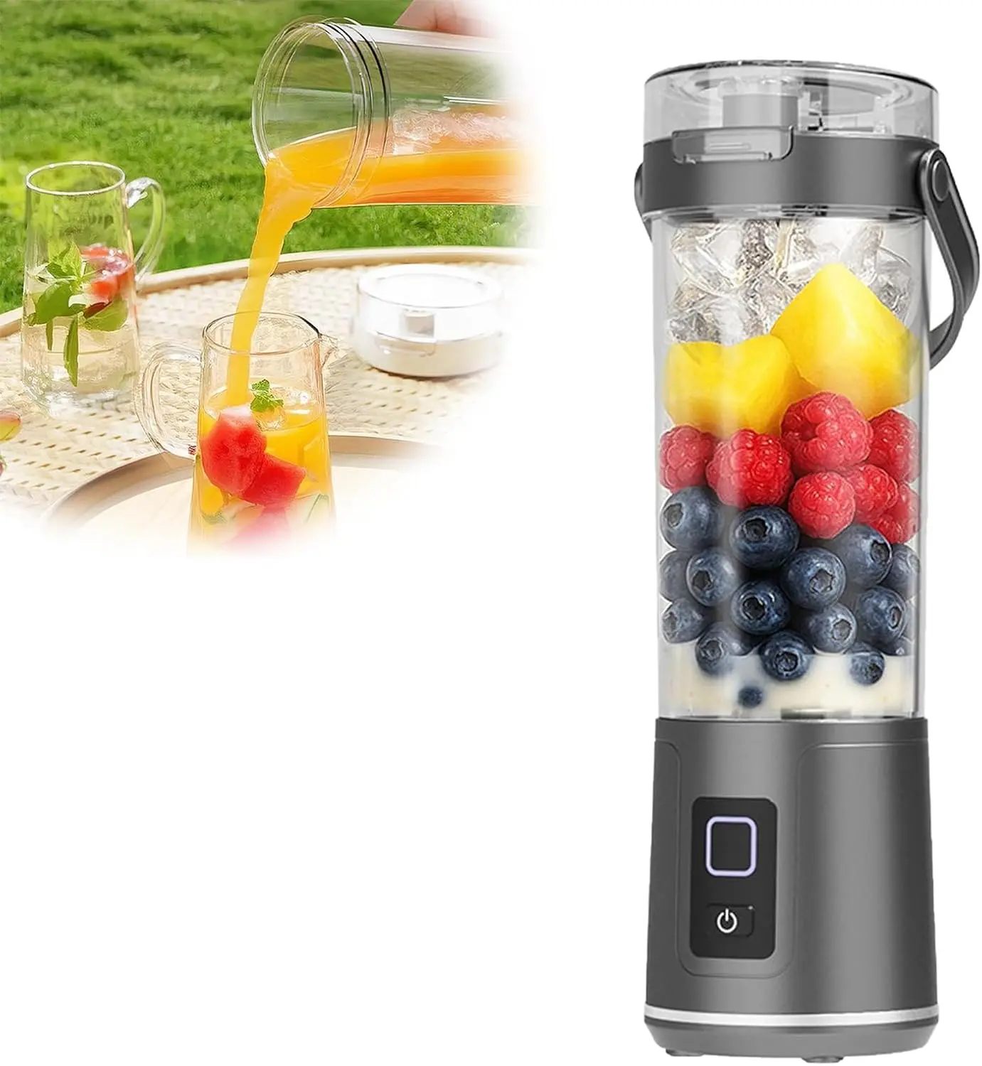 2-in-1 Electric Juicer Cup - 16 Oz. Portable Cordless Blender, USB-C Rechargeable, Leak-Proof Lid, Easy Sip Spout, Dishwasher-Safe Parts, Ideal for Smoothies, Campfire, BBQ Party