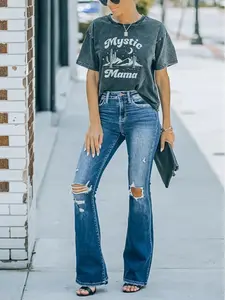 Women's Bell Bottom Jeans Flared Ripped High Waist Stretchy Distressed Denim Bootcut Jeans
