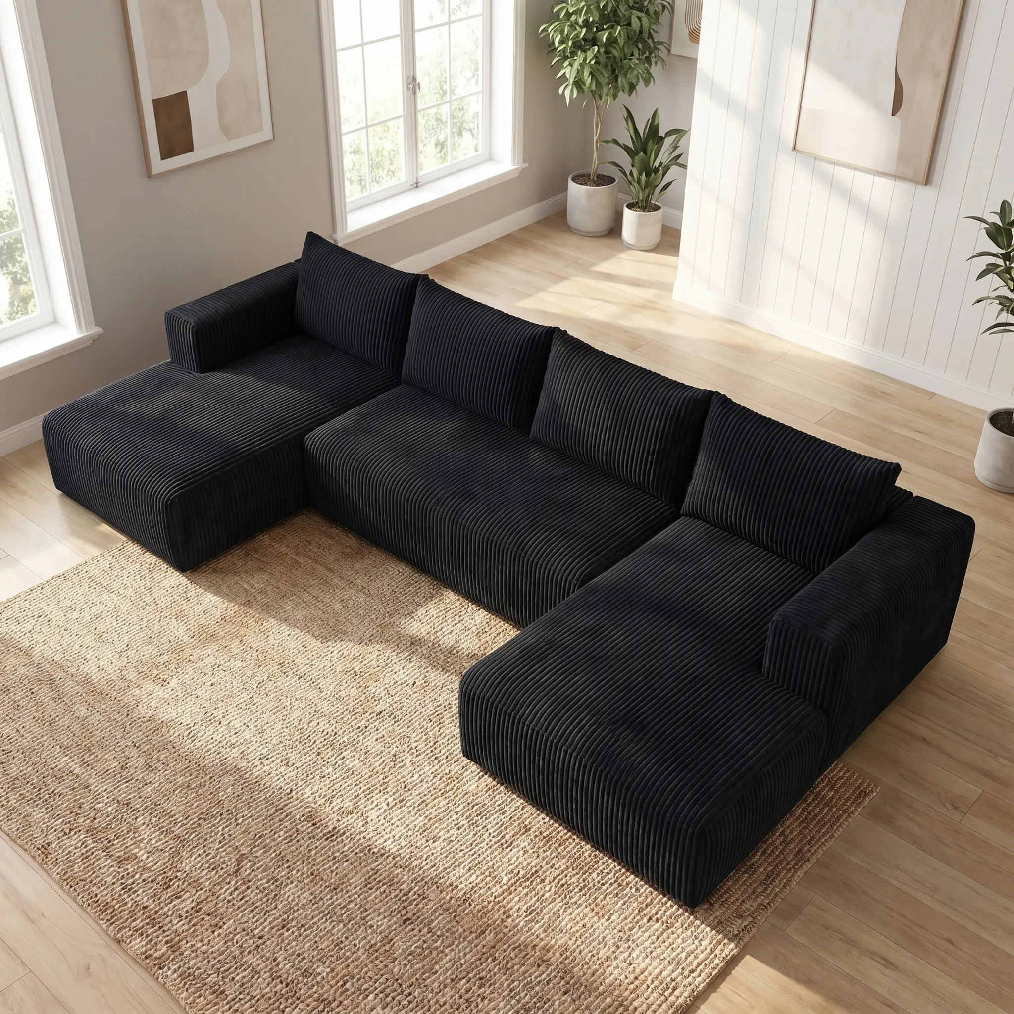 【2 Packages Shipping】127-in Black Checkered Fabric U-Shaped Modular Convertible Sectional Sofas - Pre-Assembled Modern Deep-Set Lounge, Plush Chaise Oversized Boneless Couches for Contemporary Living Rooms, Boneless Modern Deep-Set