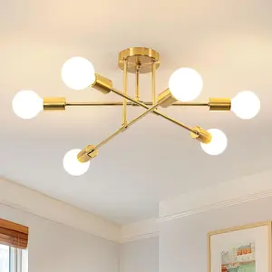 Modern Gold 6-Head Semi-Recessed Sputnik Ceiling Light with Intertwined Metal Lines  Sleek High-End Design for Study, Living Room Dining Room Bedroomand More Spaces Bulbs Not Included Compatible with Various Lighting Options lights lamps for bedroom light
