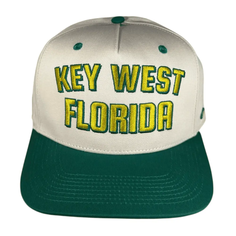 Mid Curve 5 Panel Khaki/ Kelly Key West Florida | 58cm Snapback Hat | Gold & Green Embroidery