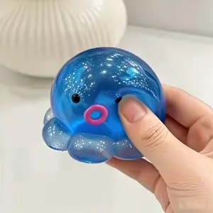 Adorable Sparkly Blue Octopus Squishy, Glossy Translucent Squeeze Fidget, Slow-Rebound Stress Relief Toy with Cute Ocean Vibes