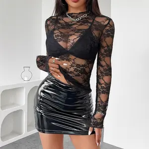 Womens Long Sleeve Mesh Top See Through Mock Neck Sheer Blouses Floral Sheer See Through Sexy Tops Mock Neck Shirts Party Club Night Blouses Fabric Womenswear Lightweight Short Love Style
