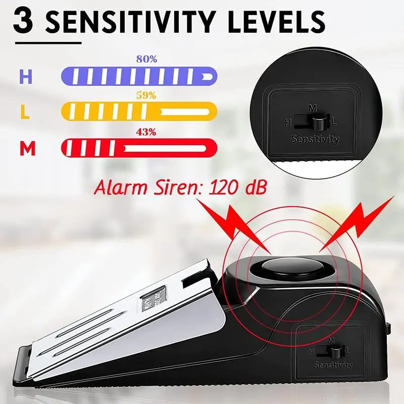 Stainless Steel Home Security Door Stop Alarm Device - Tool-Free Easy Installation, 3 Sensitivity Modes, 120-Decibel High-Volume Alarm, Pressure Resistant, 1-Button Operation, Security Protection