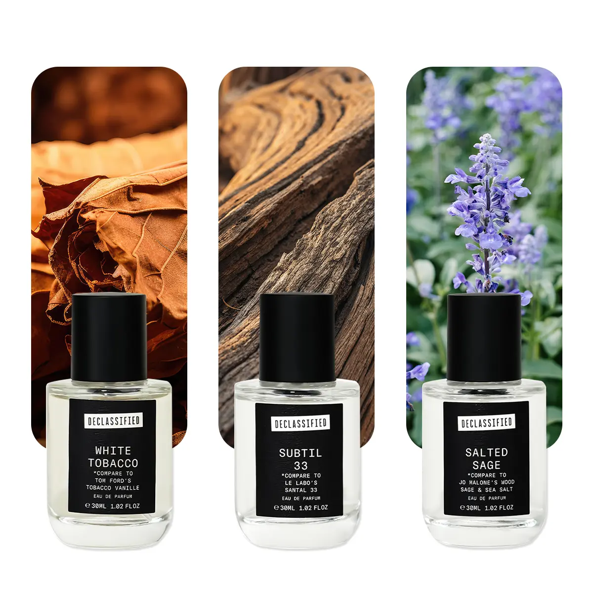 Declassified Eau de Parfum Set | Subtil 33 × White Toba*co × Salted Sage | 30ml × 3 Cardamon, Fig Tree, Sage, Amber, Cedarwood, Sandalwood, Honey & Cocoa
