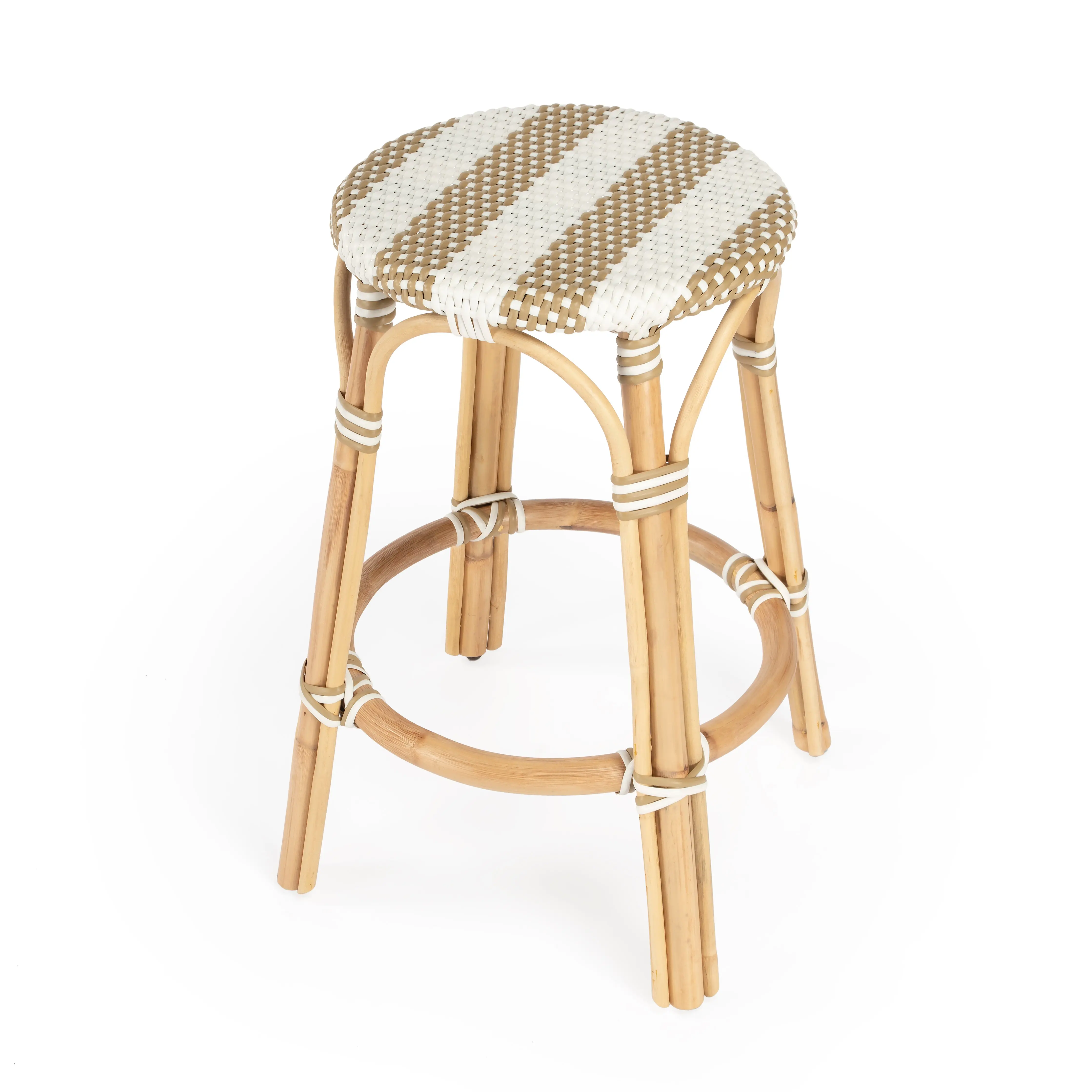 Tobias Rattan Round 24" Counter Stool in Tan and White Stripe 9371984