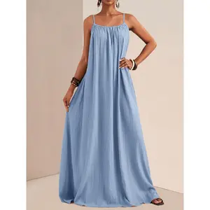 Women Casual Solid Color Suspender Dress Summer Loose Fit Knee Length Swing Dress for Daily Wear Shopping Party