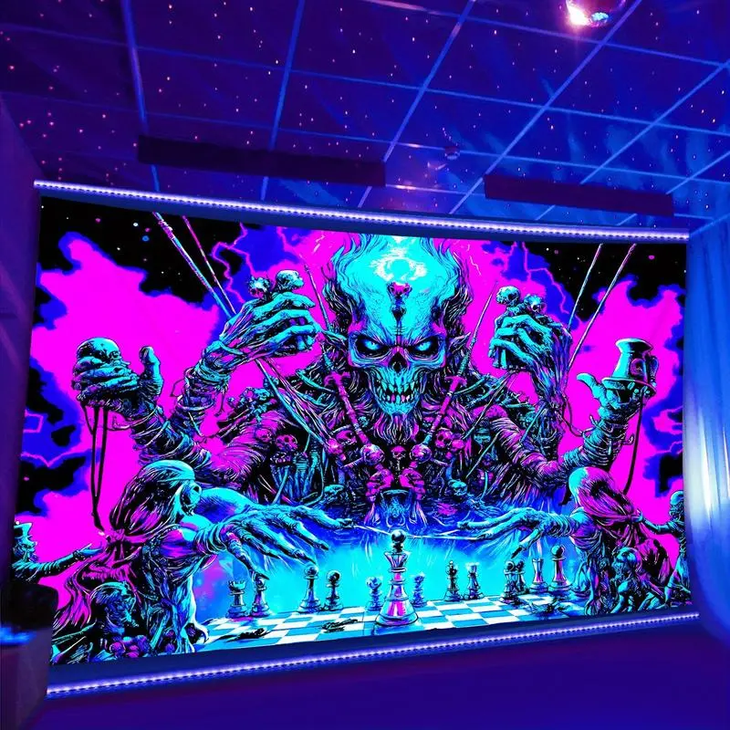 1pc Terrifying Skeleton Ghost King- Glow In The UV Light Party Banner Tapestry, Large Size Peach Skin Fluorescent Printing Tapestry, Bedroom Aesthetic Hanging Tapestry For Party Festival, Bedroom Home Decor, Wall Decoration With Free Access
