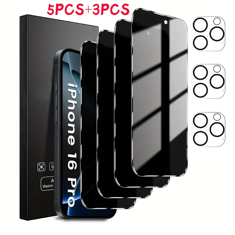5PCS+3PCS Privacy screen protector for is suitable for iPhone 16 13 14 15 16E Plus Pro Max 5-piece privacy screen, spy-proof, full-coverage screen, toughened glass protective film and 3-piece camera case. Cellphone Protection