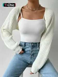 Women's Solid Raglan Sleeve Open Front Crop Shrug Cardigan, Casual Fit Long Sleeve Knitwear for Spring & Fall, Fashion Women's Knit Clothing for Daily Wear Knitting Womenswear