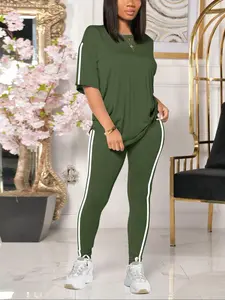 Women's summer round neck short-sleeved trousers suit casual sports home, classic solid color summer basic style, sleeves and pants with stripes personality casual style, Solid Tracksuit Set, Athleisure Wear Set