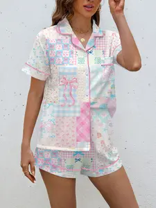 Women's Casual Floral Plaid Sleepwear Set, Comfortable Short Sleeve Cardigan Top & Loose Elastic Shorts, All-Season Loungewear Pajamas