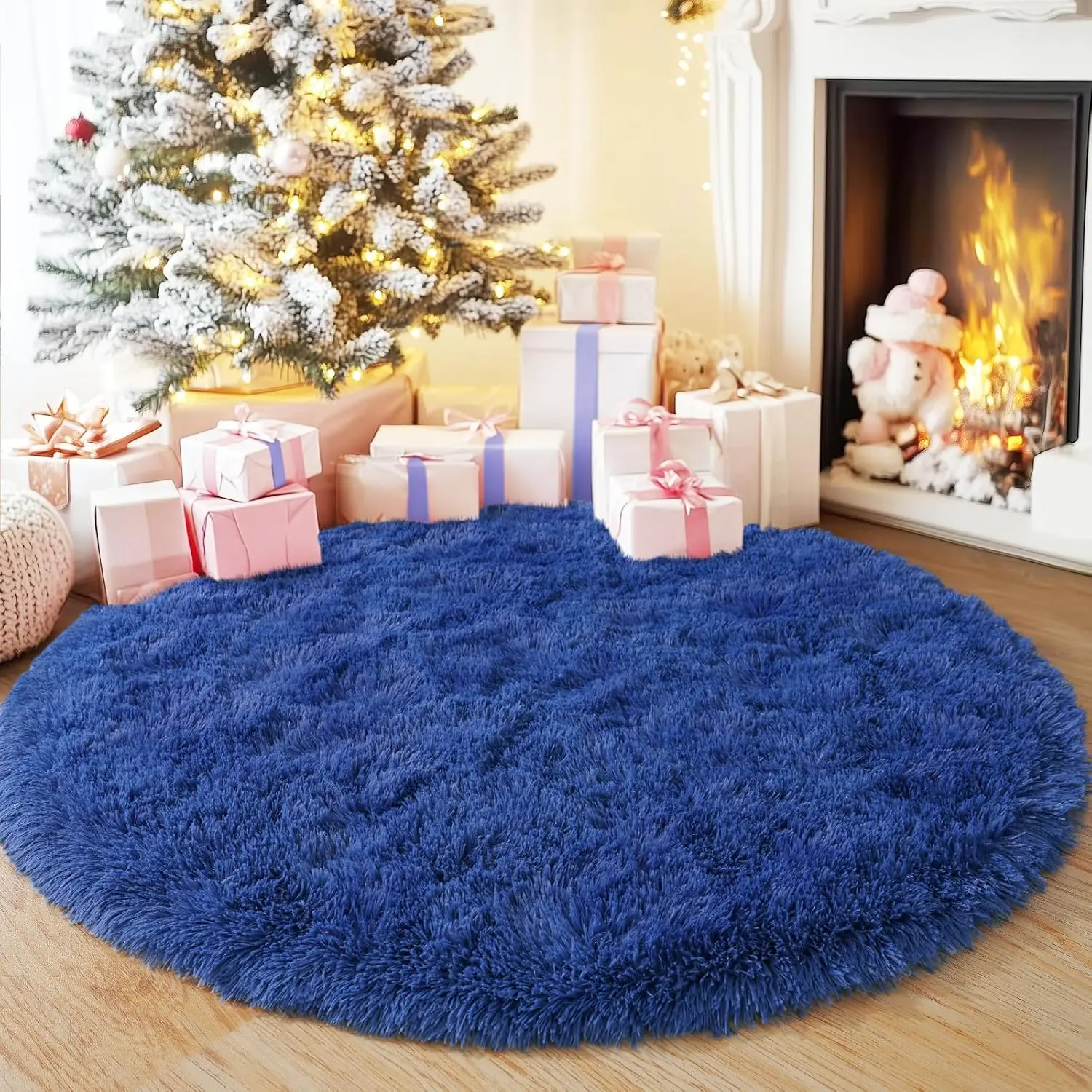 Sand Blue Round Rug for Bedroom, Fluffy Soft Circle Area Rugs for Living Room, Plush Shaggy Circular Carpet for Indoor Floor Bedside Girls Nursery, Machine-Washable Home Decor Aesthetic