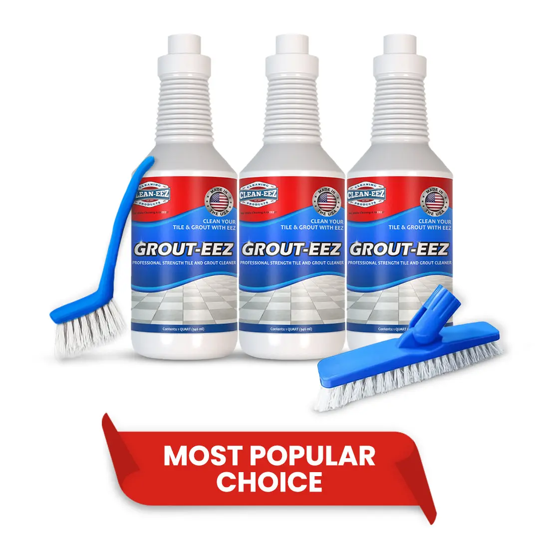 Grout-eez 3 Bottle Bundle - Grout Cleaner with V-Shape Scrub Brush and Stand-Up Brush, Clean Tile Floors Without Kneeling, Removes Grout Stains Fast, Ceramic & Porcelain Tile | Clean-eez