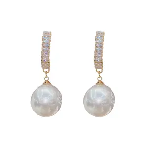 Zircon C-Shaped Pearl Earrings Temperament Earrings 5 Silver Needle Stud Earrings-Grey/ White