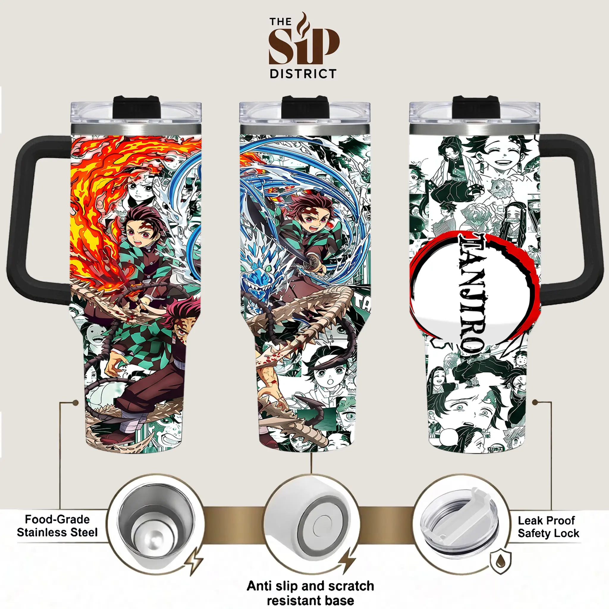 The Sip District.  Tanjiro Kamado 20oz 30oz & 40oz Handle Tumbler, Demon Slayer Anime Stainless Steel Travel Mug, Vacuum Insulated Manga Coffee Cup