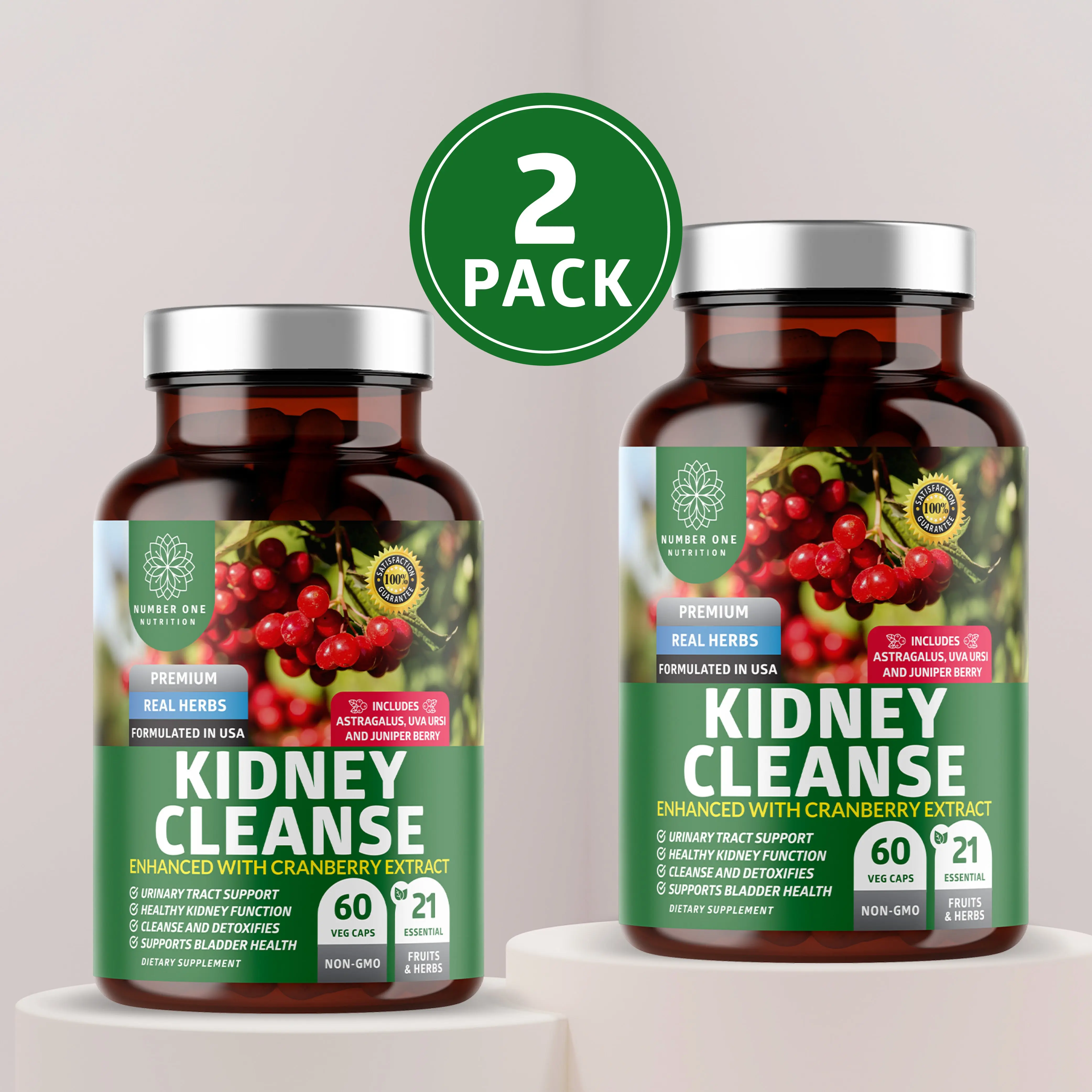 2-Pack Kidney Cleanse Support with 21 Powerful Ingredients like Cranberry Astragalus Uva Ursi, 120 Caps