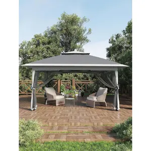 grey- 13'' X 13'' Hardtop Gazebo Patio Wide Aluminum Frame Metal Double Roof Outdoor Patio Gazebo,Outdoor Canopy Tent With Mosquito Netting,Backyard Tent For Shade And Rain For Lawn, Garden, Backyard
