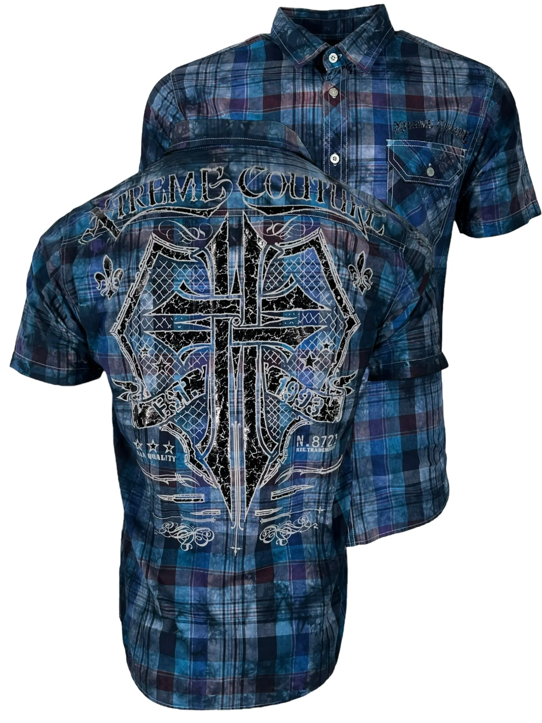 Xtreme Couture by Affliction Men's Cotton Short-Sleeve Crew Neck Graphic Button-Down Casual Shirt, Mensfashion Menswear Top, Rattle Design, Shortsleeve, Printed Front