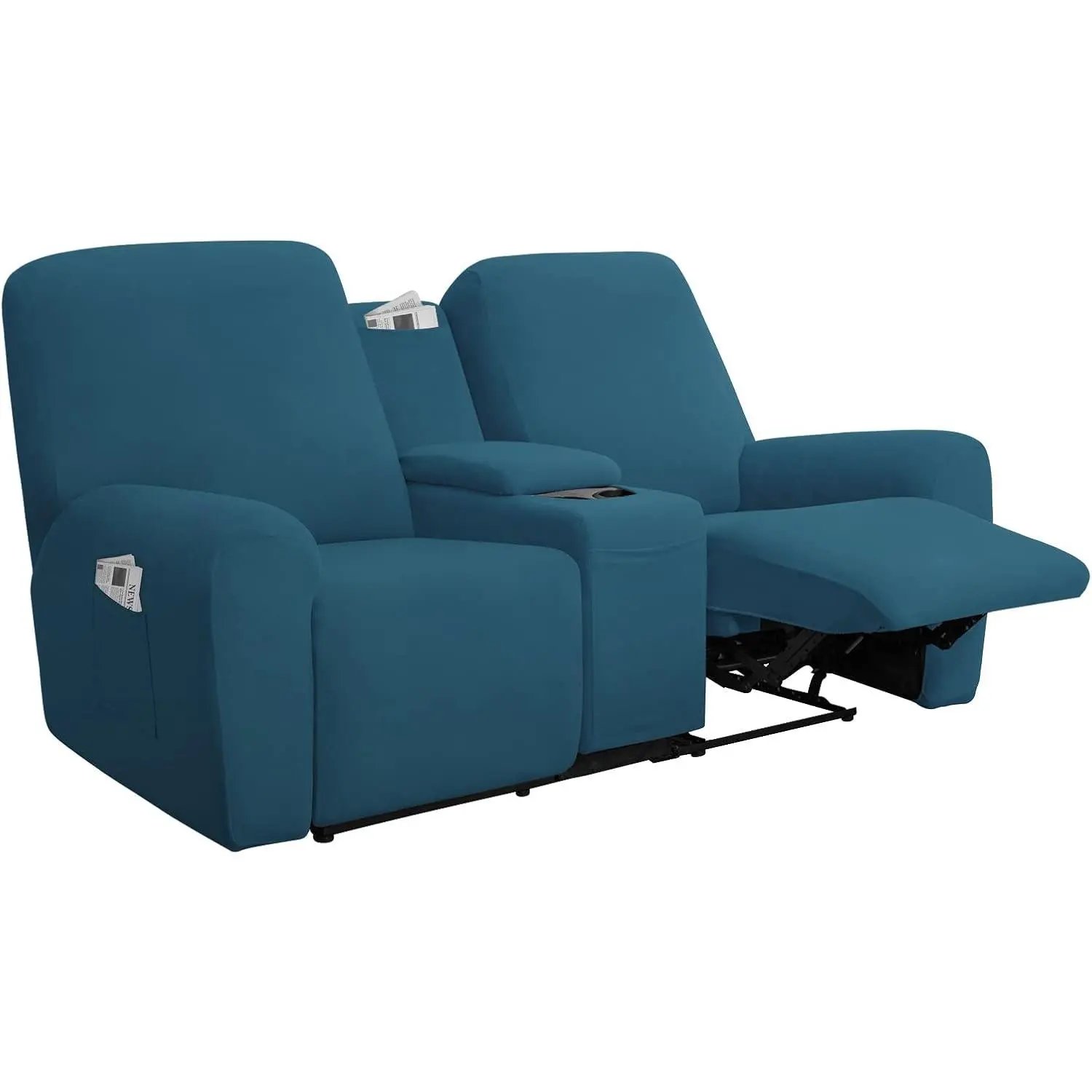 Easy-Going Stretch Recliner Loveseat Cover with Center Console Sofa Slipcover Soft Fitted Fleece 2 Seats Couch with Holder and Storage Washable Furniture Protector Peacock Blue